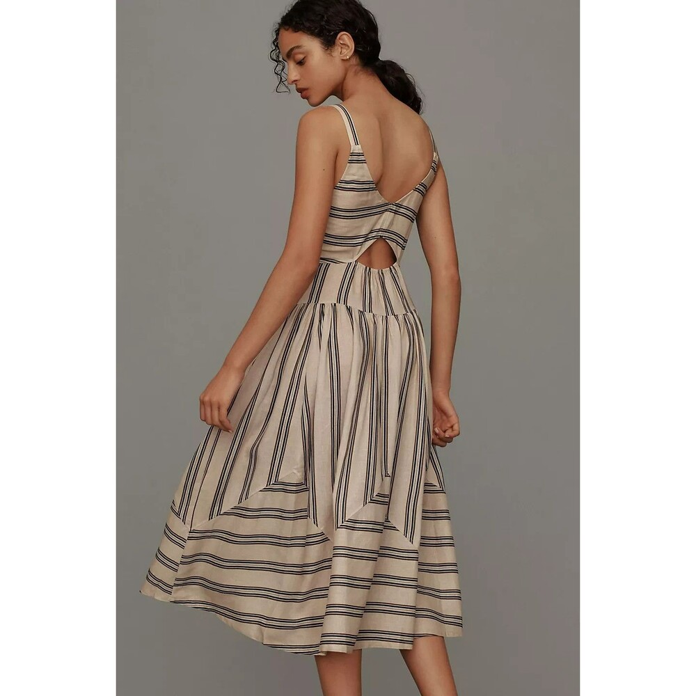 Anthropologie Plenty Linen Fit & Flare Midi Dress L Beige Striped Cutout Tiered - Picture 3 of 16